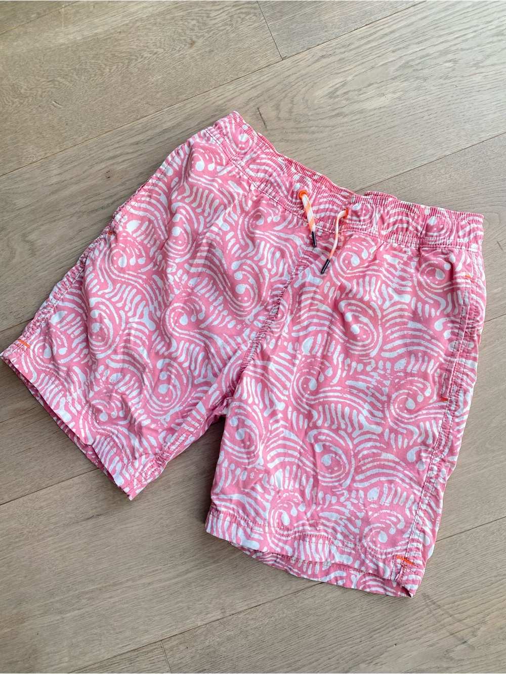 J. Crew Pink and White Swirl boys Swim Trunks